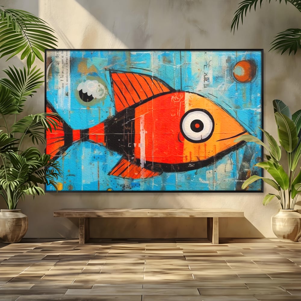 Tablou canvas cu tablou canvas cu peste stilizat in stil pop art, in rama de aluminiu negru